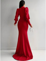 Mermaid Evening Gown Elegant Dress Formal Red Green Dress Sweep / Brush Train Long Sleeve High Neck Satin with Ruched