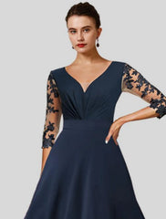 Aimishang  A-Line Mother of the Bride Dress Wedding Guest Elegant High Low V Neck Asymmetrical Tea Length Chiffon Lace 3/4 Length Sleeve with Appliques