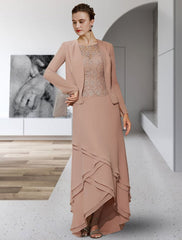 Aimishang  Two Piece A-Line Mother of the Bride Dress Elegant High Low Jewel Neck Asymmetrical Chiffon Lace Sleeveless with Tier Appliques