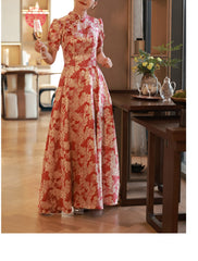 A-Line Evening Gown Chinese Style Dress Engagement Floor Length Half Sleeve Stand Collar Satin with Pearls Strappy