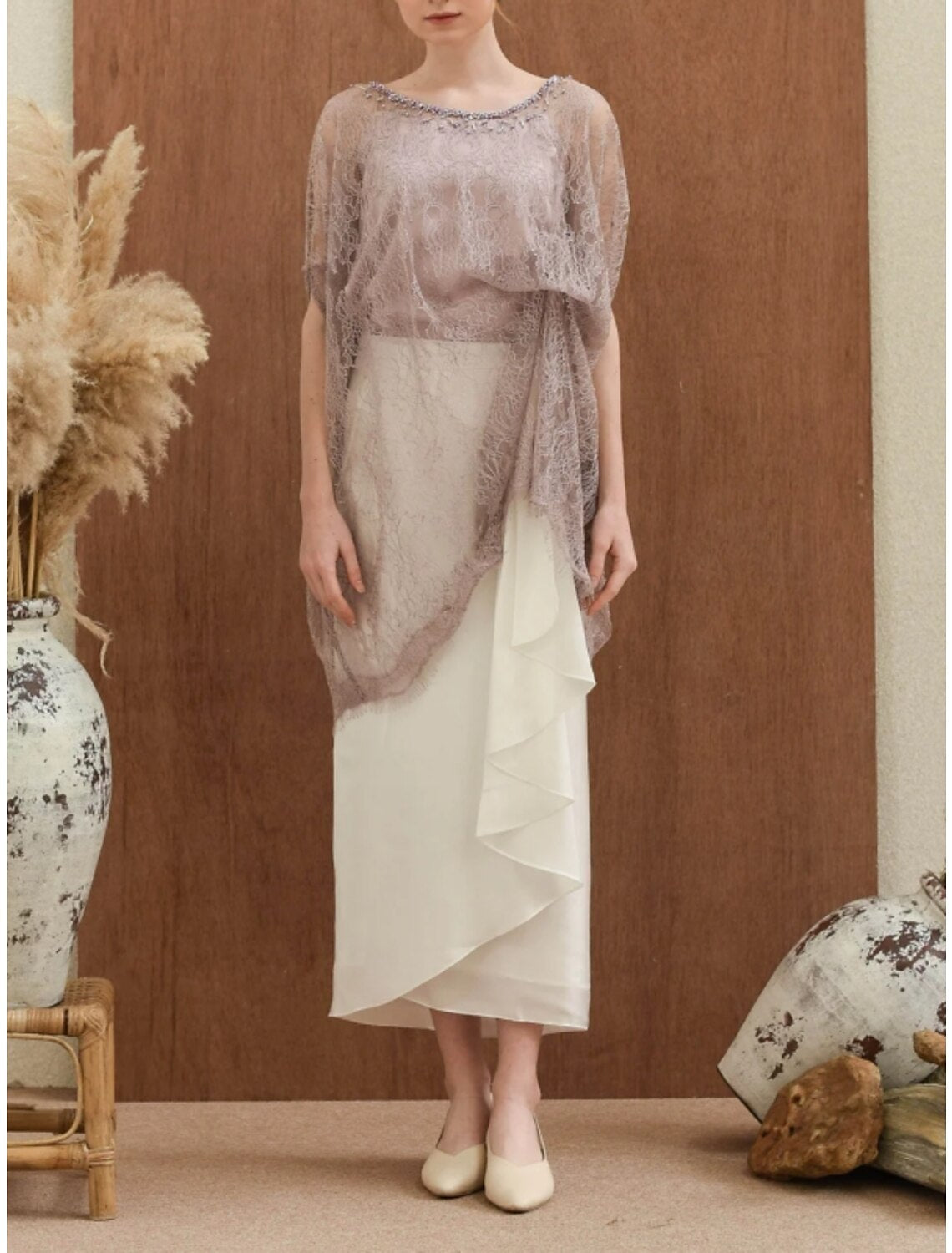 Aimishang Sheath / Column Mother of the Bride Dress Elegant Sweet Scoop Neck Ankle Length Satin Half Sleeve with Beading Ruffles