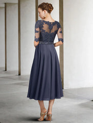 Aimishang  A-Line Mother of the Bride Dress Luxurious Elegant Jewel Neck Tea Length Chiffon Lace Tulle Half Sleeve with Crystals Appliques