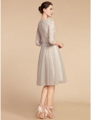 Aimishang A-Line Mother of the Bride Dress Wedding Guest Elegant Petite Jewel Neck Knee Length Lace Tulle Half Sleeve with Pleats Solid Color