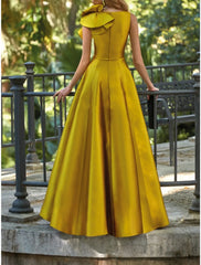 A-Line Evening Gown Elegant Dress Formal Wedding Guest Floor Length Sleeveless V Neck Satin with Shouder Flower