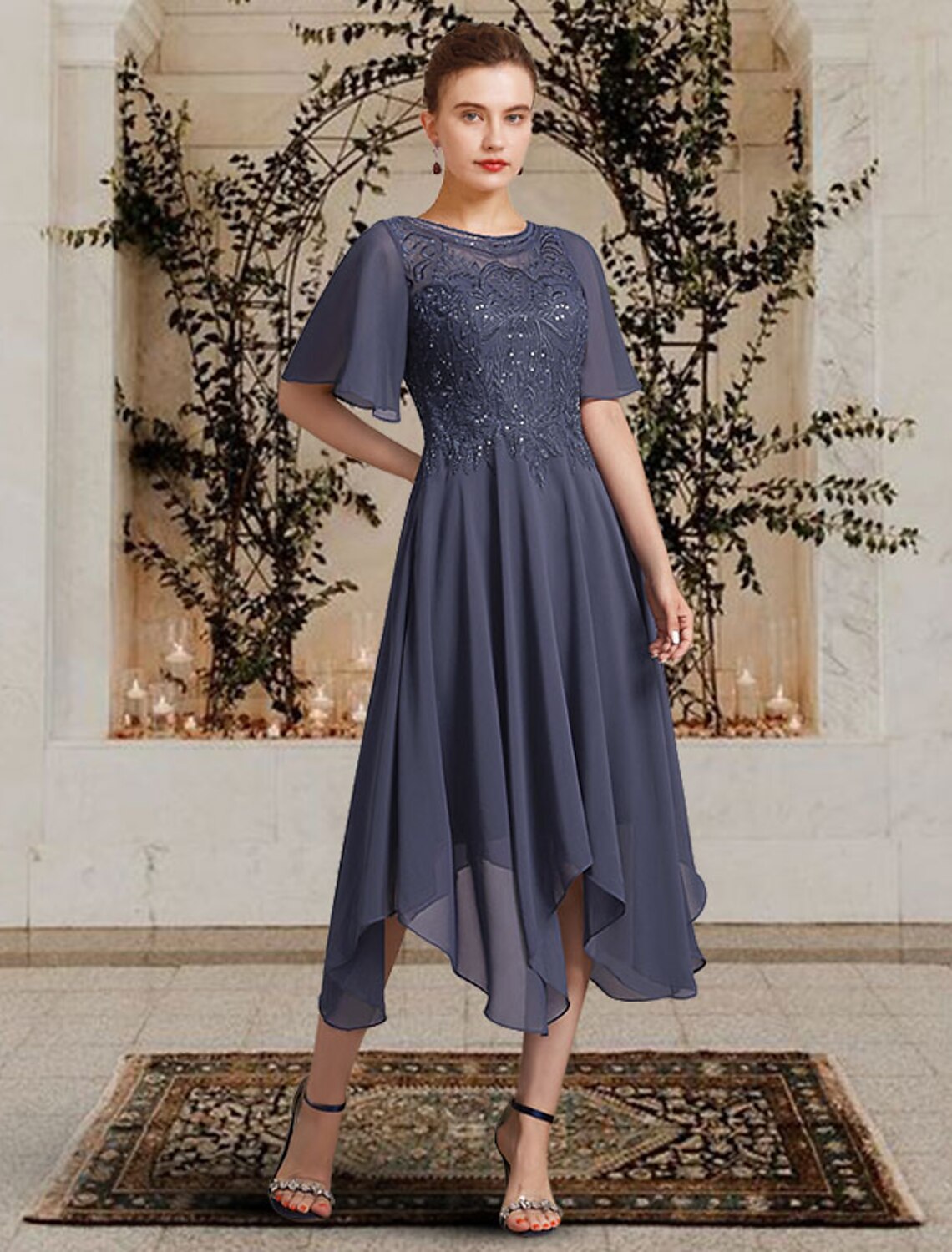 Aimishang A-Line Mother of the Bride Dress Elegant High Low Jewel Neck Asymmetrical Tea Length Chiffon Lace Short Sleeve with Appliques
