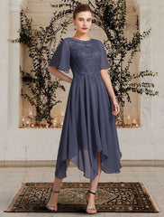Aimishang A-Line Mother of the Bride Dress Elegant High Low Jewel Neck Asymmetrical Tea Length Chiffon Lace Short Sleeve with Appliques