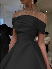 A-Line Evening Gown Elegant Dress Formal Red Green Dress Floor Length Short Sleeve Illusion Neck Satin with Ruched Beading