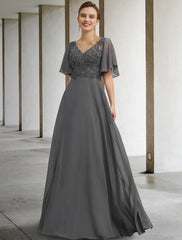 Aimishang A-Line Mother of the Bride Dress Luxurious Elegant V Neck Floor Length Chiffon Lace Short Sleeve with Beading Appliques