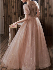 A-Line Prom Dresses Elegant Dress Engagement Prom Floor Length Half Sleeve Square Neck Satin with Appliques