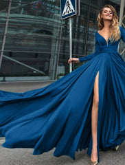 A-Line Evening Gown Empire Black Dress Plus Size Holiday Wedding Guest Floor Length Long Sleeve V Neck Chiffon V Back with Slit Pure Color