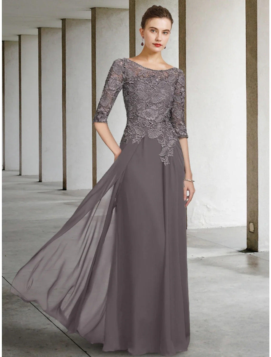 Aimishang A-Line Mother of the Bride Dress Wedding Guest Elegant Scoop Neck Floor Length Chiffon Lace Half Sleeve with Ruching Solid Color