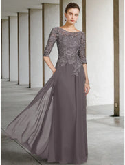 Aimishang A-Line Mother of the Bride Dress Wedding Guest Elegant Scoop Neck Floor Length Chiffon Lace Half Sleeve with Ruching Solid Color