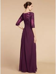 Aimishang  Sheath / Column Mother of the Bride Dress Wedding Guest Elegant Scoop Neck Floor Length Chiffon Lace Half Sleeve with Pleats Sequin