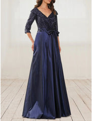 A-Line Evening Gown Elegant Dress Formal Black Dress Plus Size Floor Length Half Sleeve V Neck Satin with Bow(s) Pleats Sequin 2025