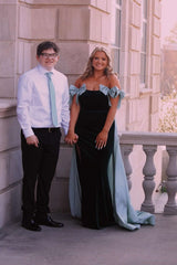 Mermaid Strapless Black Satin Long Prom Dresses with Pink Bows