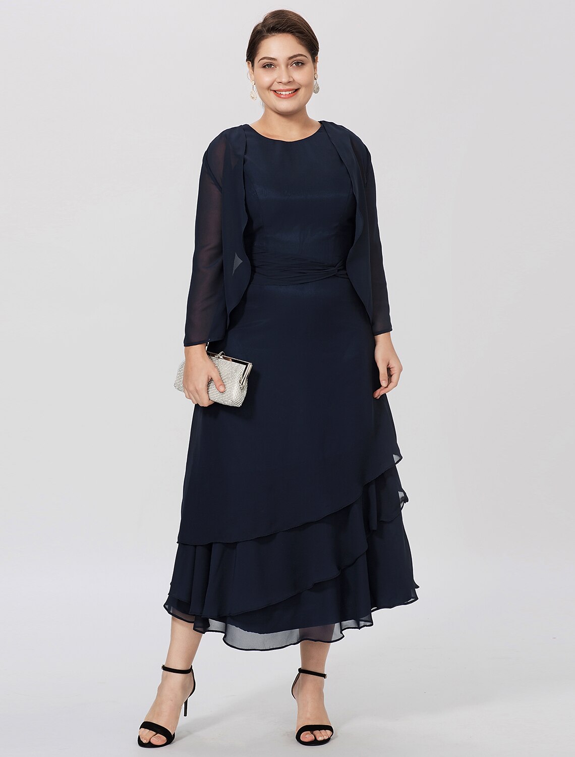 Aimishang  Sheath / Column Mother of the Bride Dress Formal Classic & Timeless Elegant & Luxurious Plus Size Jewel Neck Tea Length Chiffon 3/4 Length Sleeve yes with Pleats Tiered