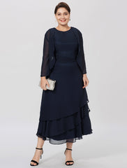 Aimishang  Sheath / Column Mother of the Bride Dress Formal Classic & Timeless Elegant & Luxurious Plus Size Jewel Neck Tea Length Chiffon 3/4 Length Sleeve yes with Pleats Tiered