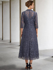 Aimishang  A-Line Mother of the Bride Dress Elegant V Neck Tea Length Chiffon Lace Sleeveless Jacket Dresses with Tier Solid Color