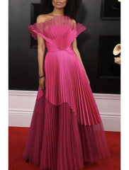 A-Line Evening Gown Plisse Dress Wedding Guest Prom Floor Length Sleeveless Strapless Organza with Pleats