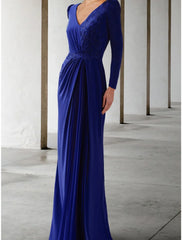 Aimishang  A-Line Mother of the Bride Dress Wedding Guest Elegant V Neck Floor Length Lace Stretch Chiffon Long Sleeve with Ruching Solid Color