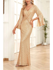 Aimishang Mermaid / Trumpet Mother of the Bride Dress Wedding Guest Party Sparkle & Shine Scoop Neck V Neck Floor Length Sequined 3/4 Length Sleeve with Ruching Solid Color