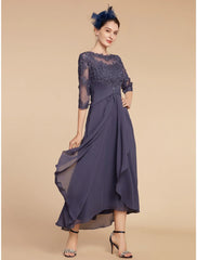 Aimishang A-Line Mother of the Bride Dress Wedding Guest Elegant Scoop Neck Ankle Length Chiffon Lace 3/4 Length Sleeve with Ruching Solid Color