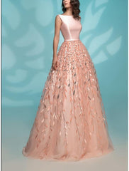 A-Line Evening Gown Minimalist Dress Wedding Guest Wedding Party Floor Length Sleeveless Jewel Neck Lace with Sequin Appliques Pure Color