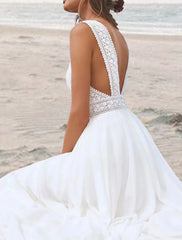 Aimishang Beach Open Back Boho Wedding Dresses A-Line V Neck Sleeveless Floor Length Chiffon Bridal Gowns With
