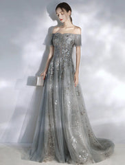 Aimishang A-Line Evening Gown Glittering Dress Engagement Floor Length Short Sleeve Off Shoulder Spandex with Sequin Appliques