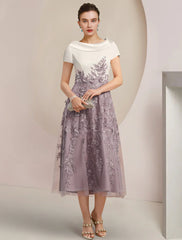 Aimishang  A-Line Mother of the Bride Dress Formal Wedding Guest Elegant Scoop Neck Tea Length Satin Lace Short Sleeve with Sequin Appliques Color Block