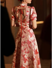 A-Line Evening Gown Chinese Style Dress Engagement Floor Length Half Sleeve Stand Collar Satin with Pearls Strappy