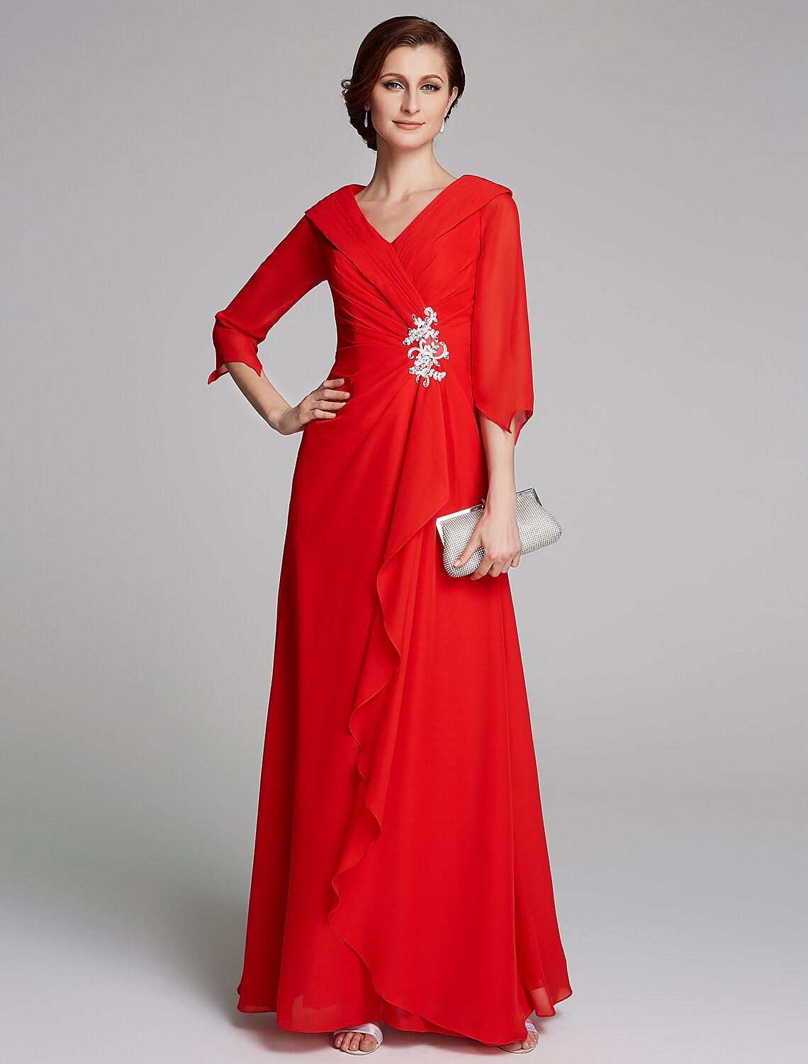 Aimishang A-Line Mother of the Bride Dress Elegant V Neck Floor Length Chiffon Half Sleeve with Pleats Appliques
