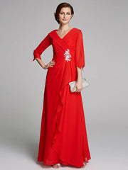 A-Line Mother of the Bride Dress Elegant V Neck Floor Length Chiffon Half Sleeve with Pleats