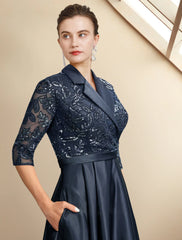 Aimishang  A-Line Mother of the Bride Dress Plus Size Elegant High Low Shirt Collar Asymmetrical Tea Length Satin Lace Half Sleeve with Pleats Sequin Appliques