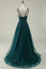 A Line Thin Shoulder Strap Dark Green Decal Long Prom Dress