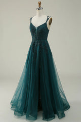 A Line Thin Shoulder Strap Dark Green Decal Long Prom Dress