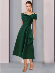 Aimishang  A-Line Mother of the Bride Dress Wedding Guest Elegant Off Shoulder Tea Length Satin Short Sleeve with Bow(s) Ruffles Ruching