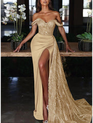 Mermaid Dress Evening Gown Red Green Dress Dress Formal Wedding Guest Court Train Sleeveless Off Shoulder Charmeuse with Ruched Sequin Slit