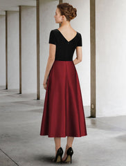 Aimishang A-Line Mother of the Bride Dress Elegant Jewel Neck Tea Length Satin Velvet Short Sleeve with Pleats Color Block