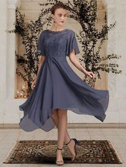 Aimishang A-Line Mother of the Bride Dress Elegant High Low Jewel Neck Asymmetrical Tea Length Chiffon Lace Short Sleeve with Appliques