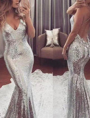 Mermaid / Trumpet Evening Gown Sparkle & Shine Dress Formal Wedding Guest Chapel Train Sleeveless V Neck Sequined with Sequin
