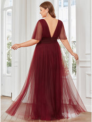 A-Line Bridesmaid Dress V Neck Short Sleeve Plus Size Floor Length Tulle with Ruffles / Draping / Tier 2024 / Butterfly Sleeve