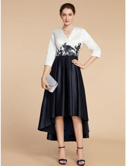 Aimishang  A-Line Mother of the Bride Dress Wedding Guest Elegant Petite V Neck Asymmetrical Satin Lace Half Sleeve with Ruching