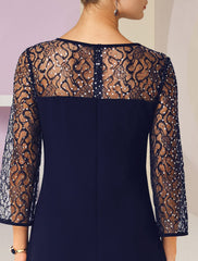Aimishang A-Line Mother of the Bride Dress Formal Wedding Guest Elegant Scoop Neck Knee Length Lace 3/4 Length Sleeve with Sequin