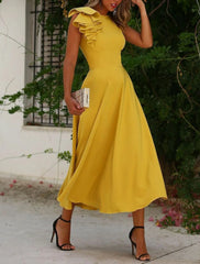 A-Line Cocktail Dresses Minimalist Dress Homecoming Wedding Guest Ankle Length Sleeveless Jewel Neck Fall Wedding Guest  Fabric with Ruffles Pure Color