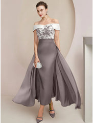 Aimishang A-Line Mother of the Bride Dress Wedding Guest Elegant Off Shoulder Ankle Length Stretch Fabric Short Sleeve with Appliques Ruching