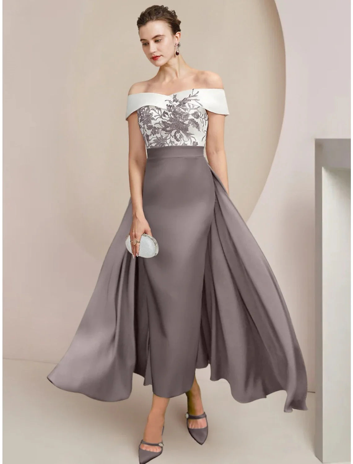 Aimishang A-Line Mother of the Bride Dress Wedding Guest Elegant Off Shoulder Ankle Length Stretch Fabric Short Sleeve with Appliques Ruching