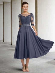 Aimishang  A-Line Mother of the Bride Dress Luxurious Elegant Jewel Neck Tea Length Chiffon Lace Tulle Half Sleeve with Crystals Appliques