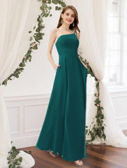 A-Line Bridesmaid Dress One Shoulder Sleeveless Elegant Floor Length Chiffon with Pleats