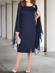 Aimishang Sheath / Column Mother of the Bride Dress Plus Size Jewel Neck Tea Length Chiffon Long Sleeve with Crystal Brooch